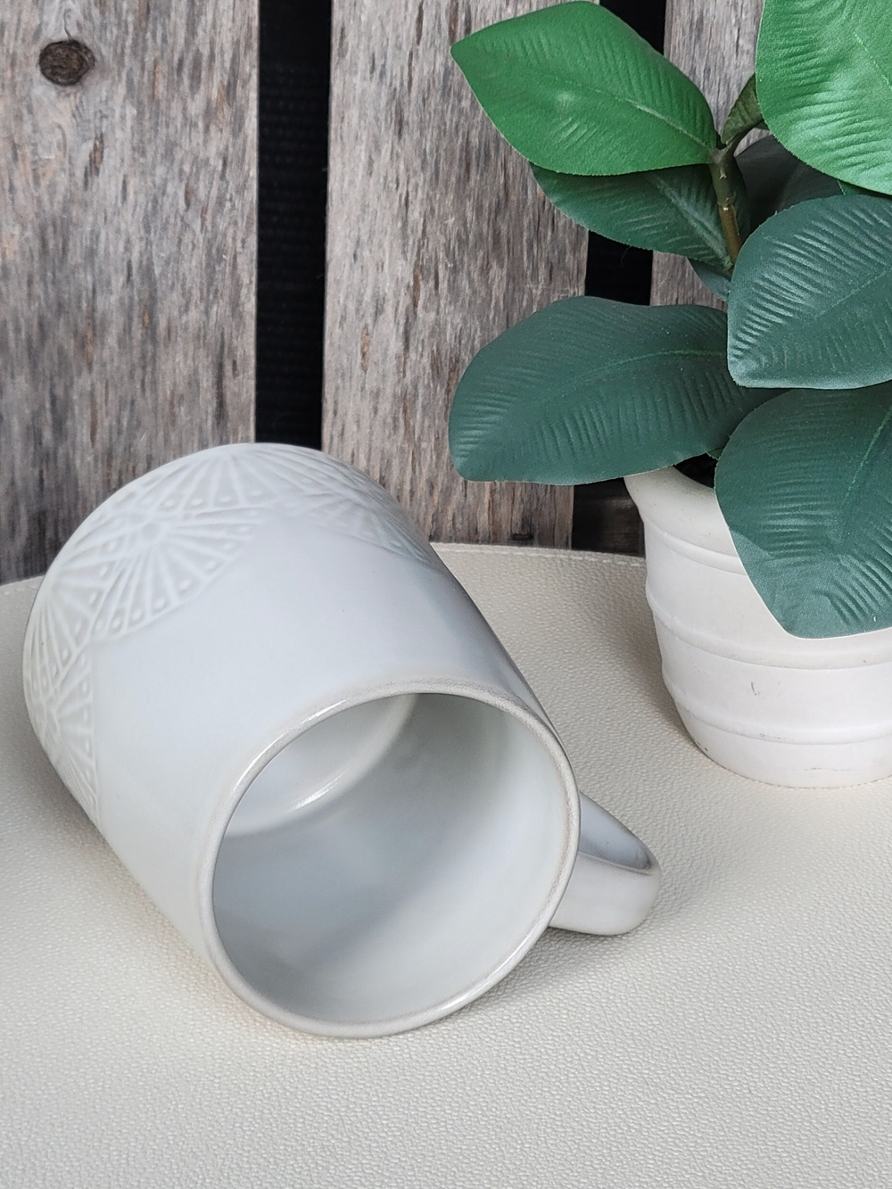 Hearth & Hand Cream White Ceramic Patterned Mug Etched Fan Motif - Picture 7 of 8